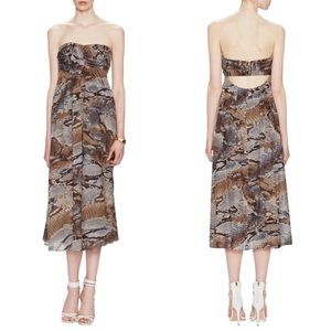 L'AGENCE Python Print Strapless Pleated Midi Dress